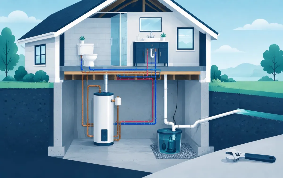 Illustrated cutaway of a house showing water supply pipes, a water heater and a basement sump pump